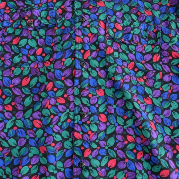 Vintage Black Green Blue Red Floral Button Up Long Sleeve Blouse - Picture 9 of 15